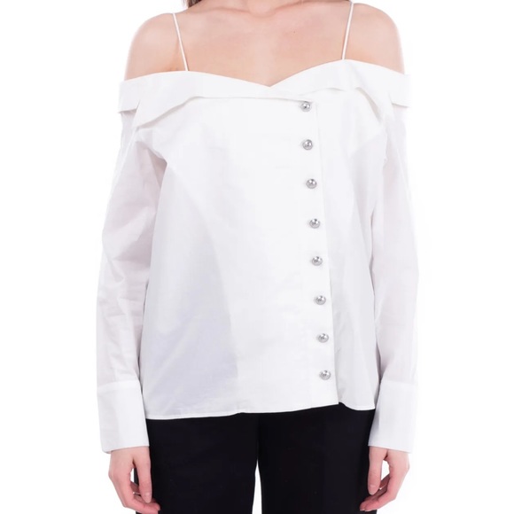 $1464 BALMAIN Off Shoulder white Shirt FR38 US6  M Branded Buttons Overlay NWT - Picture 2 of 6